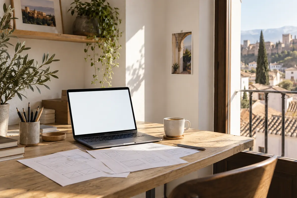 A small web design studio desk in Granada, Spain, with a laptop and printed wireframes
